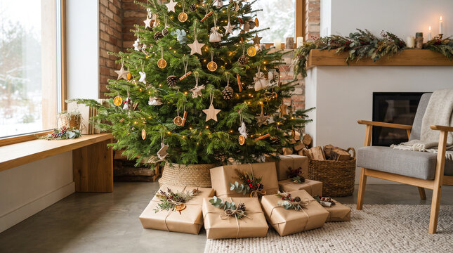 Decoraci&oacute;n navide&ntilde;a sostenible con materiales naturales y regalos envueltos de forma ecol&oacute;gica, concepto de consumo responsable y Navidad verde.