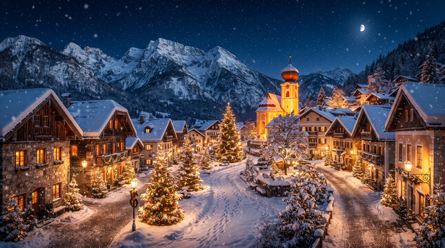 Pueblo de monta&ntilde;a cubierto de nieve durante la Navidad, con casas iluminadas, &aacute;rboles decorados y ambiente m&aacute;gico de invierno.