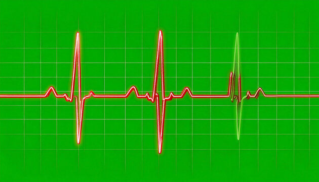 Abstract representation of a heart rhythm electrocardiogram EKG pulse line on a green grid background symbolizing health and life
