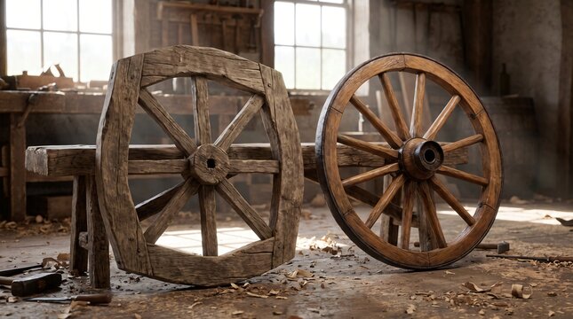 Reinventing the Wheel Concept, a Crude Lopsided Square Wooden Wheel Beside a Perfect Round One