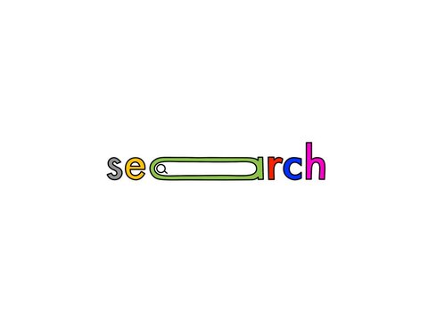 Animation of a search bar icon with text appearing gradually against a white background.