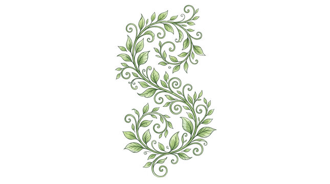 Vintage floral letter S illustration, elegant green leaf vine monogram, botanical scrollwork alphabet art for wedding invitations