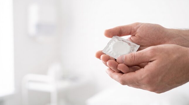 Healthcare professional holding a protective contraceptive package in a medical clinical environment for sexual health awareness