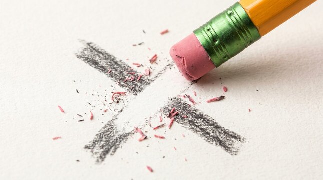 A Pencil Eraser Rubbing Out a Bold Hand-Drawn Cross as an Undoing a Decision Metaphor