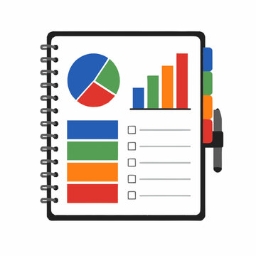 Spiral notebook with colorful business charts, graphs, data analytics reports, and a pen attached