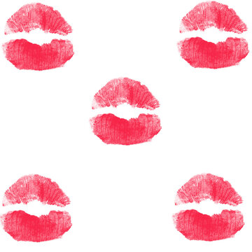 Five Red Lipstick Kiss Prints Quincunx Pattern on White Background

