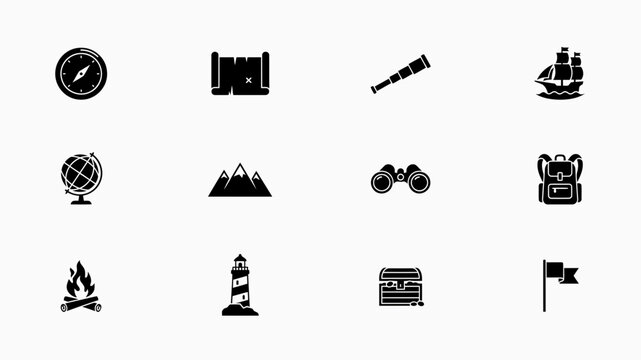 Minimalist black and white adventure exploration icons set with representing classic exploration adventure elements against against neutral background