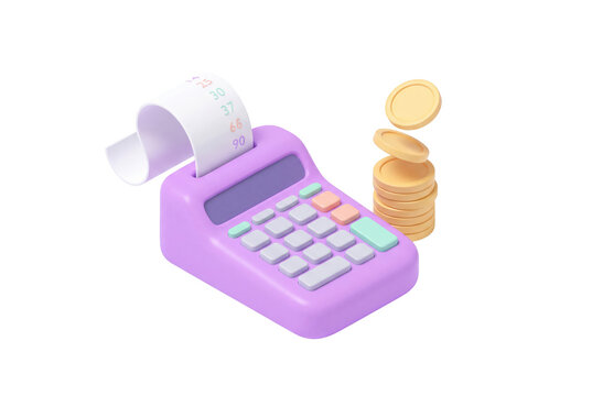 3d purple calculator with receipt paper and gold coins with cute purple on transparent background