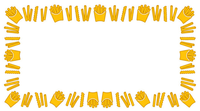 Cartoon french fries border frame design featuring golden potato strips and paper containers on white background