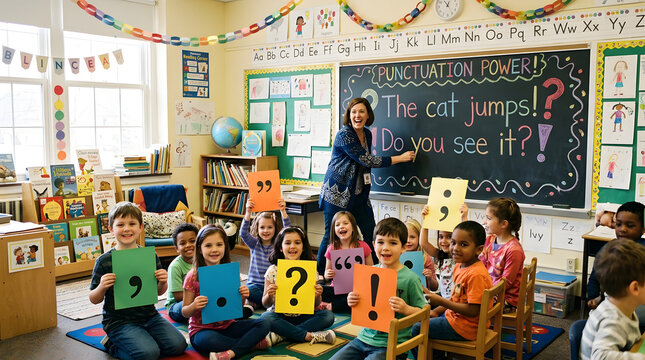 Teacher instructing young elementary school students about punctuation marks in a bright classroom.