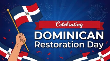 Obraz premium Celebrating Dominican Restoration Day banner with hand holding Dominican flag