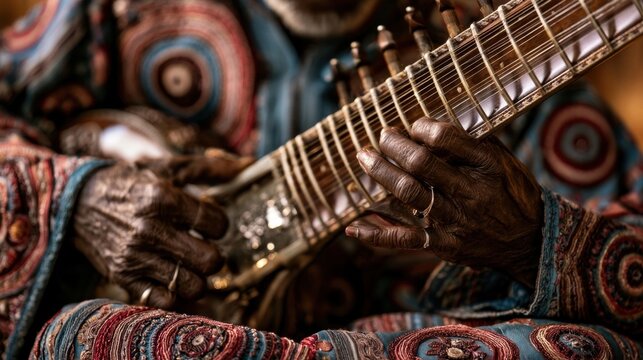Elderly musician hands playing sitar with colorful traditional attire