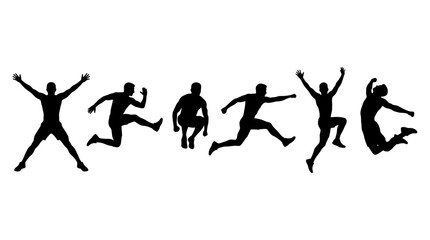 Fototapeta premium Energetic male silhouettes performing various dynamic athletic jumps captured in high contrast black ink style graphic