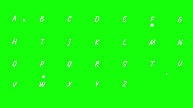 Floating alphabet letters animated over solid vibrant green screen
