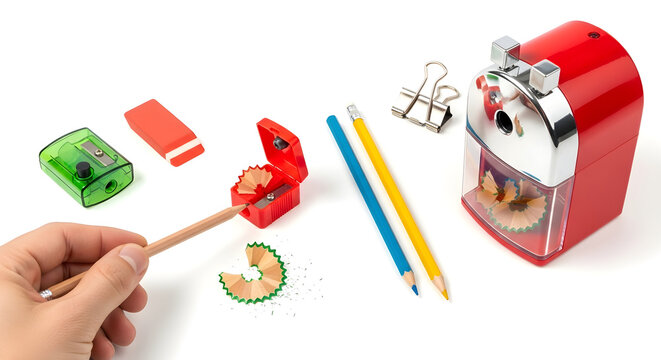 Child sharpening colorful pencils with fun pencil sharpener toys