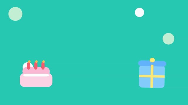 Animated birthday cakes and gift boxes floating on teal background