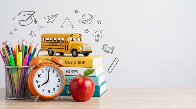 Back to school concept with yellow school bus on book stack, orange alarm clock and stationery, educational doodles on white background