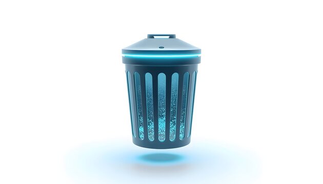 Futuristic digital trash bin icon with glowing blue light