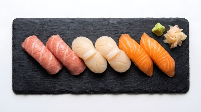Fresh Japanese Nigiri Sushi Set Featuring Salmon Tuna And Scallop Platter