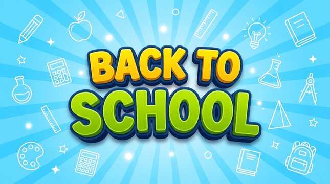 Back to school banner with 3D text. Educational background with school icons and blue sunburst. Cartoon style learning concept.