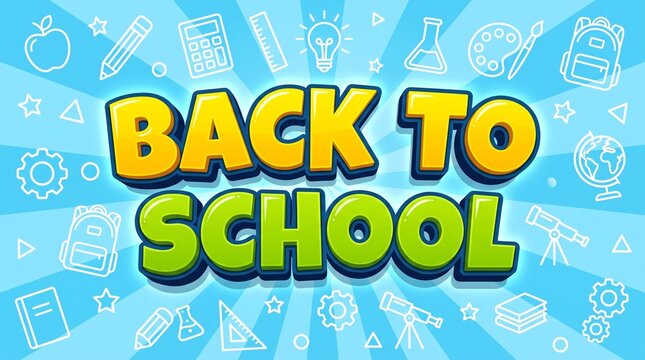 Back to school banner with cartoon text, educational icons on blue sunburst background, colorful school supplies illustration