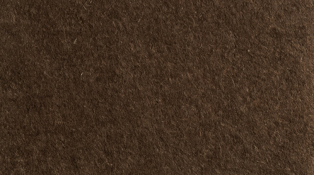 Dark recycled kraft paper texture background, deep brown natural pulp surface with lighter cellulose fibers and tiny irregular flecks, realistic compressed fiber structure,