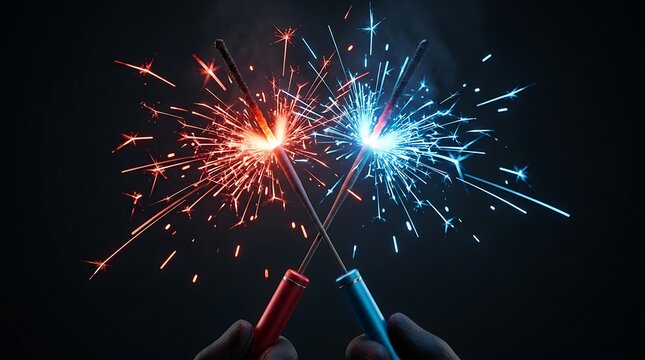 Red and blue sparklers held by hands against a dark background for celebration and festive events