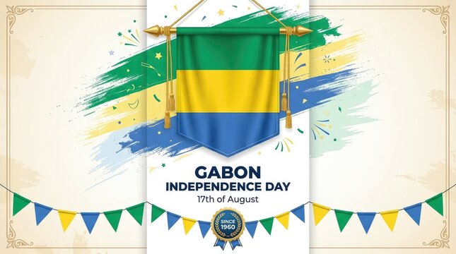 Gabon Independence Day 17th of August watercolor splash banner with flag frame