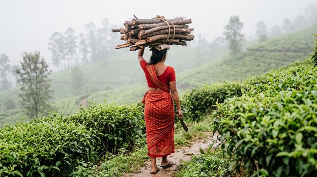Rear view of a beautiful Sri Lankan village woman carrying a traditional dara mitiyak on her head along a quiet countryside path. The scene represents authentic Sri Lankan rural culture