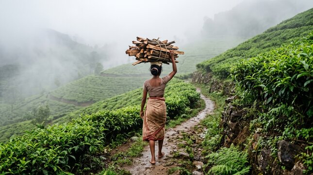A young Sri Lankan woman seen from behind carrying a traditional dara mitiyak on her head while walking through a peaceful rural village in Sri Lanka