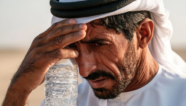 Middle eastern man in white headscarf touches forehead with water bottle while standing in desert