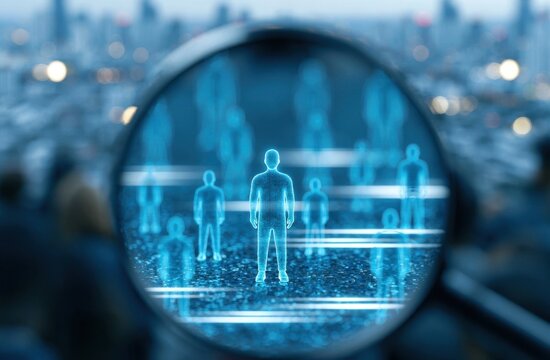 Magnifying glass focusing on glowing blue human silhouettes in a data stream