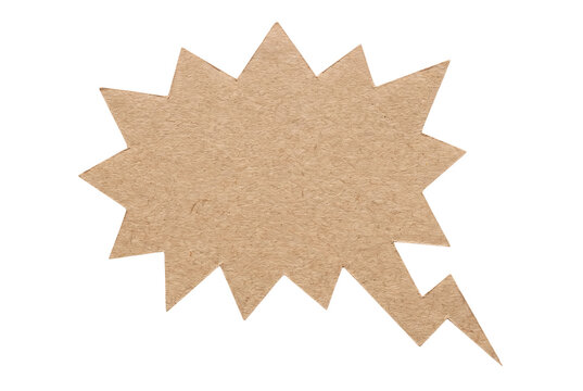 Textured cardboard comic style speech bubble shape with jagged starburst on transparent background