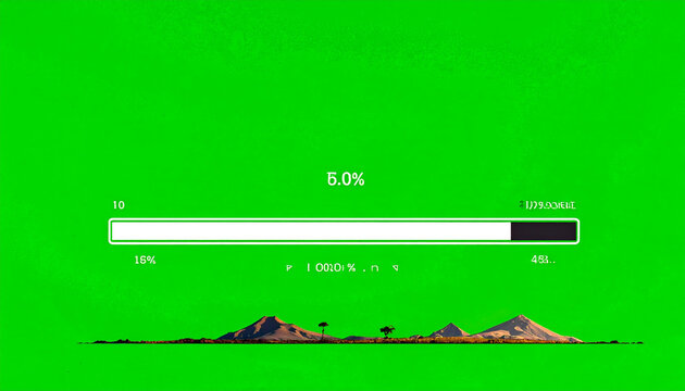 Green screen loading bar with percentage indicator and abstract landscape silhouette at the bottom, representing progress and digital interface elements