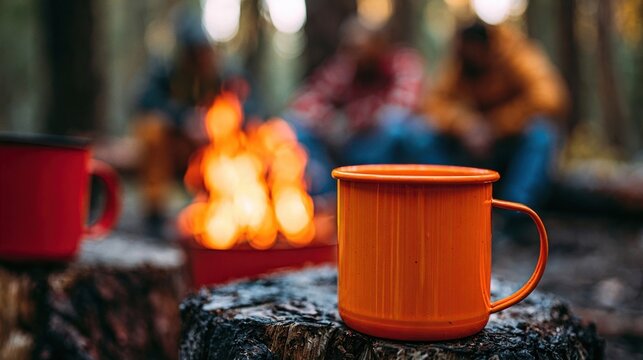 Vibrant orange camping mug on a wooden stump in a forest campsite