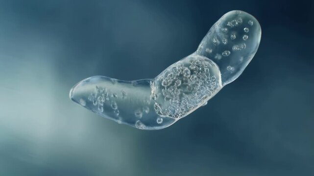 Microscopic single celled organism exhibiting fluid movement and division in dark background