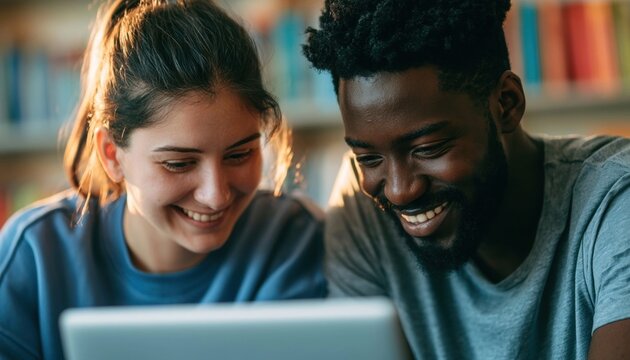 Young diverse couple smiling while looking at a laptop screen together