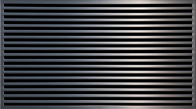 Photorealistic steel ventilation grille with narrow horizontal slots, modern HVAC and industrial building equipment concept, matte metallic finish, clean geometric repetition,