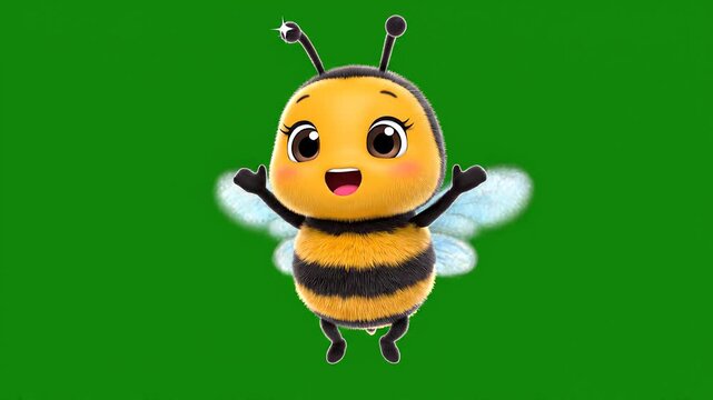 Bumblebee character design showing a happy cartoon bumblebee waving its arms on green background