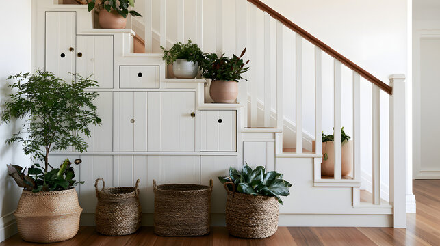 A storage space under a stairwell, equipped with wicker baskets, potted plants, and wooden flooring, situated in a spacious and well-lit area