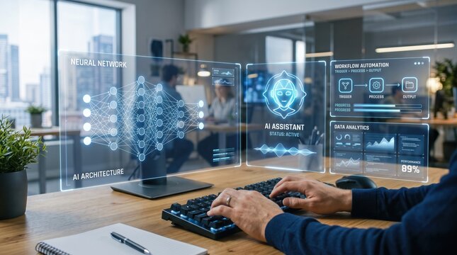 Futuristic office scene with artificial intelligence neural network architecture display, AI assistant status active, workflow automation and data analytics performance metrics