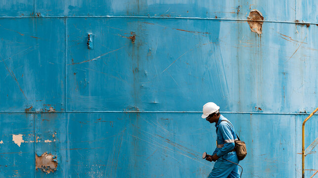 Industrial coating inspection background showing a large steel tank surface with old faded paint, localized rust spots, blistering and scratches exposing bare metal, maintenance