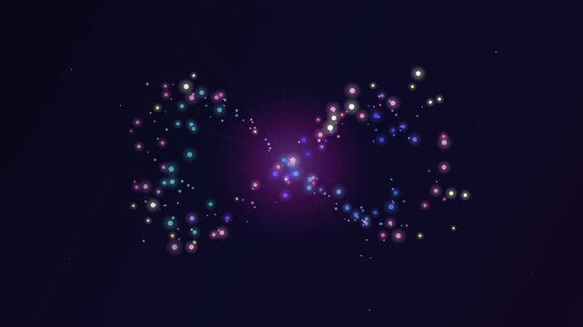 Glowing multicolored light particles form an infinity symbol motion background
