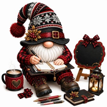 A cozy gnome in a knitted hat and plaid outfit writes in a journal surrounded by warm winter accessories and a steaming mug.