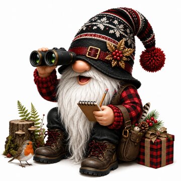 A festive gnome with a knitted hat uses binoculars and a notepad, surrounded by a robin, woodland elements, and a plaid gift box.