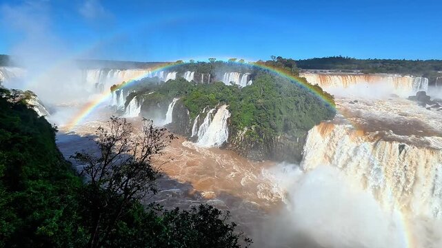 Brilliant Rainbow Curves Across the Vast Cascade System of Iguazu Falls