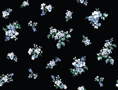 Delicate blue floral pattern scattered on a dark background in a seamless repeat for textile design