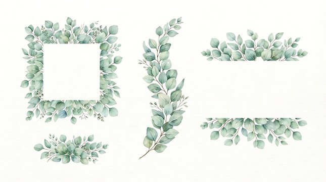 Watercolor set of eucalyptus leaves, featuring a square frame, a vertical branch, and horizontal floral borders on white background