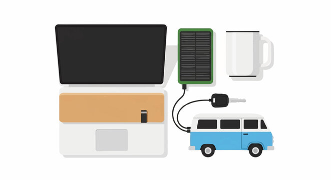 Flat lay of nomadic essentials: a sleek laptop, a solar power bank, a minimalist coffee mug, and a van key, organized neatly, 6-color palette (white, black, tan, forest green, silver, sky blue),