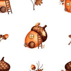 Pattern illustration autumn acorn house, oak leaves, ladder hand drawn in children's style. Seamless print on white background for textile design, fabric, packaging, baby clothes, card © Evgeniia